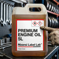 5L container of premium engine oil with a gloved hand holding it, set against a workshop background. Expert Printing Labels Cape Town | Get Pro Designs Now