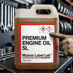 5L container of premium engine oil with a gloved hand holding it, set against a workshop background. Expert Printing Labels Cape Town | Get Pro Designs Now