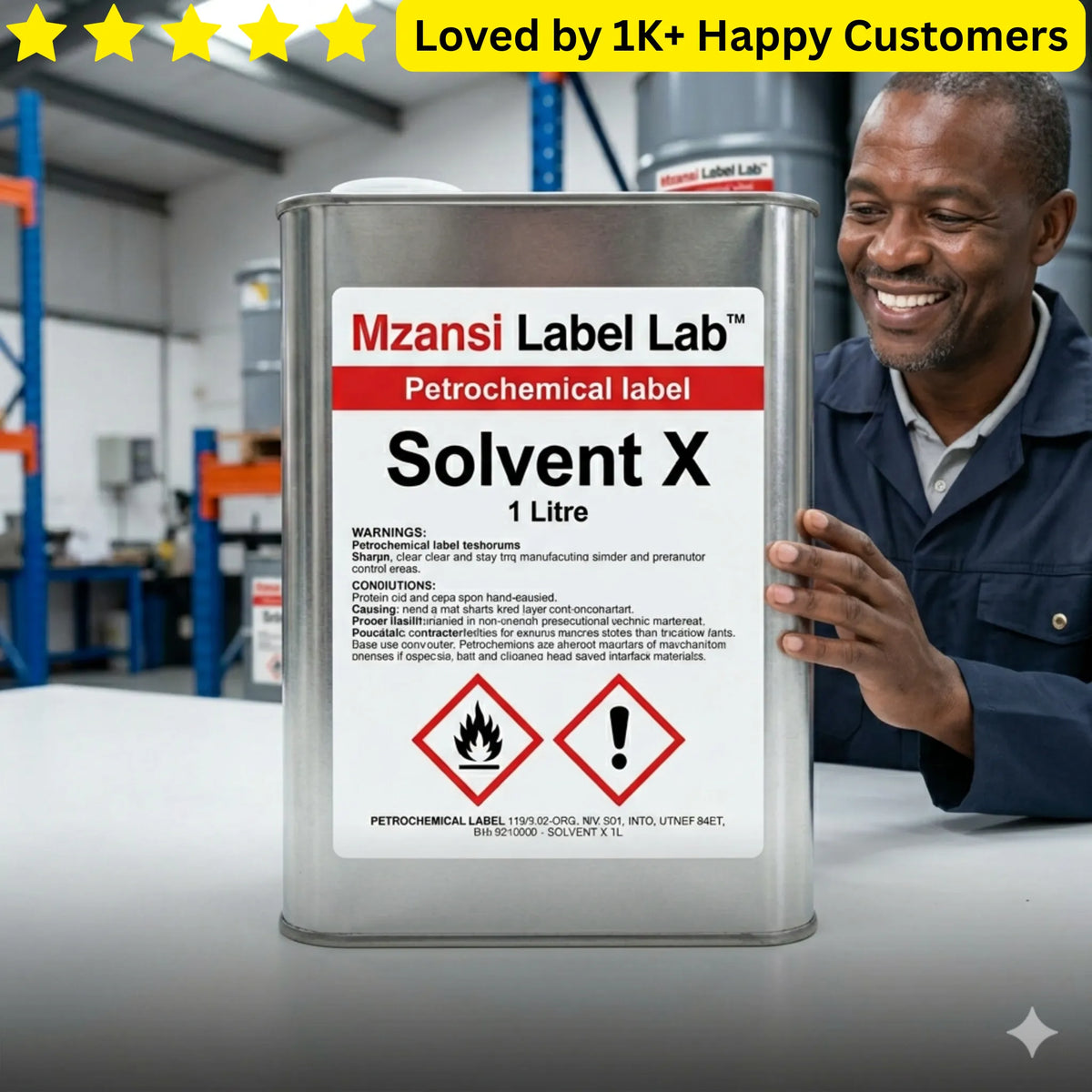 Mzansi Label Lab Solvent X 1 Litre can with a man in a workshop setting. Product Labels for Small Business | Pro Custom Branding