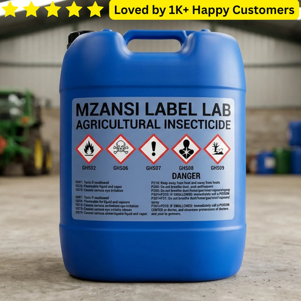 Blue container of Mzansi Label Lab Agricultural Insecticide with warning labels on a blurred background. Industrial Solvent & Chemical-Resistant Label Experts. Product Labels for Small Business | Pro Custom Branding