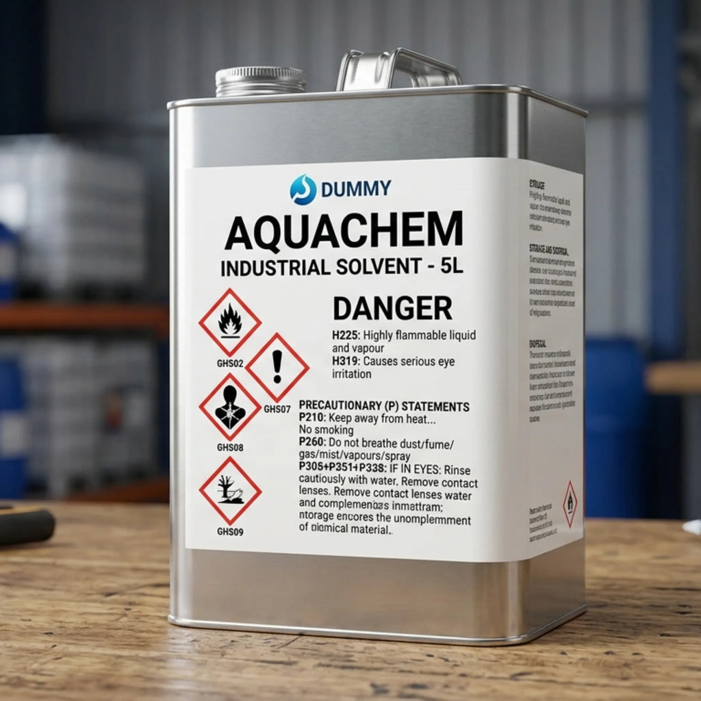 Aquachem industrial solvent canister with warning labels on a wooden surface. Industrial Solvent & Chemical-Resistant Label Experts
