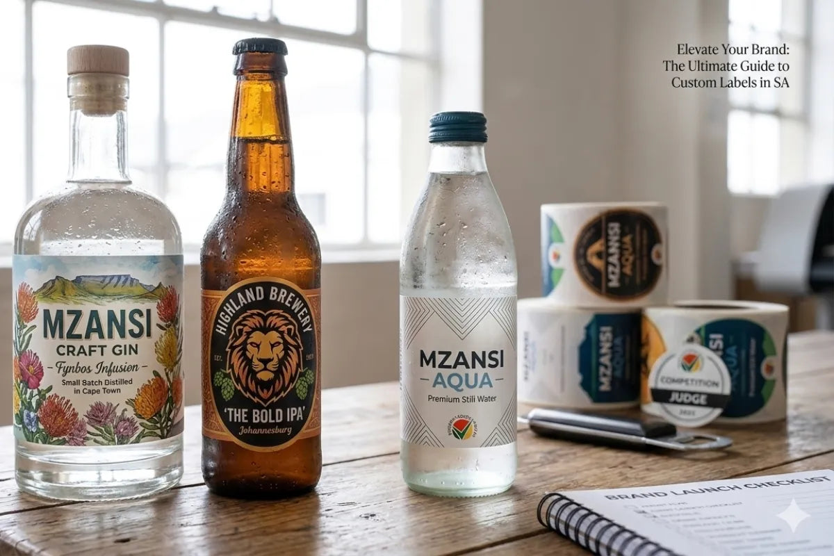 Bottles of Mzansi Craft Gin, Highveld Brewery Bold IPA, and Mzansi Aqua on a table with branded cups and a guide.