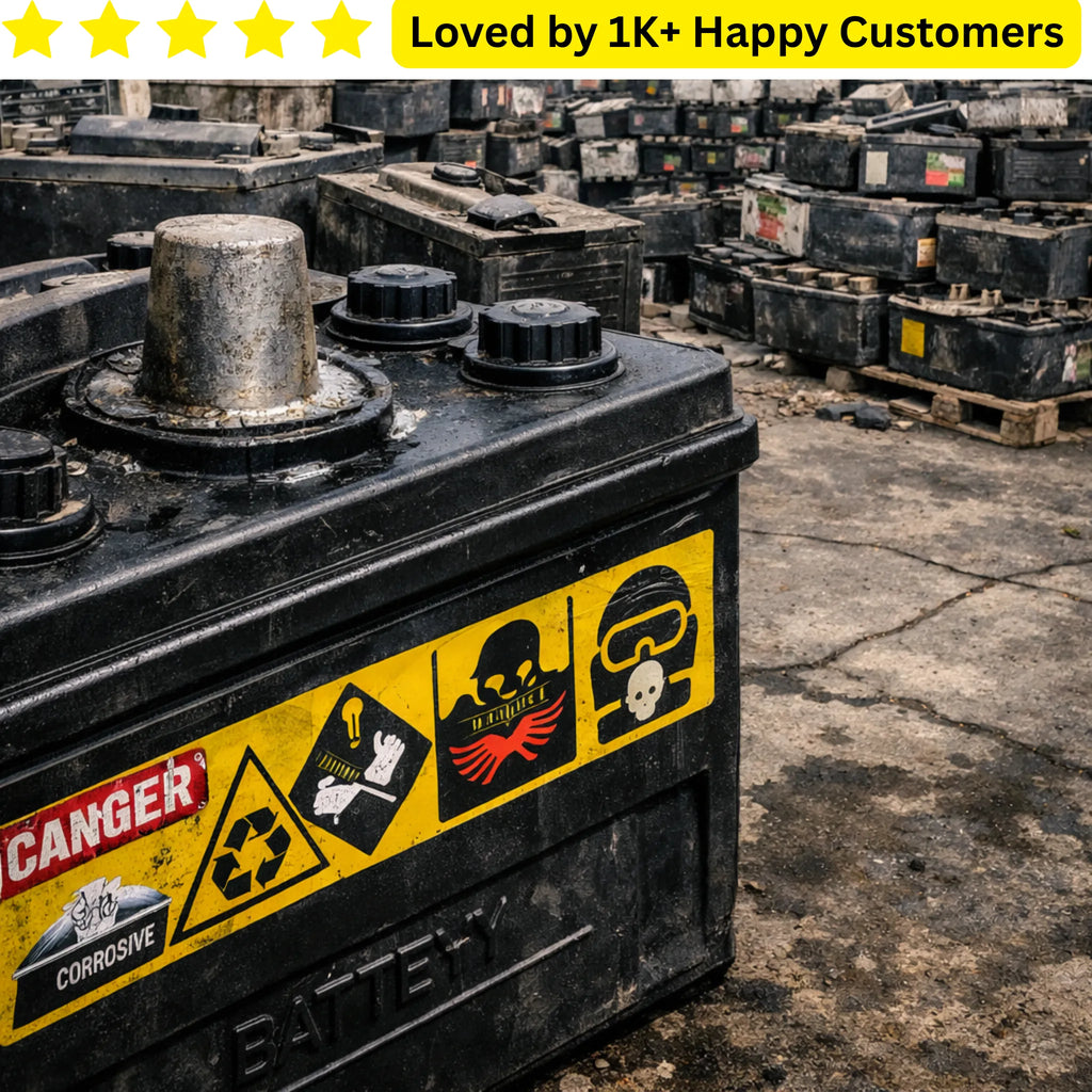 Used car battery with warning labels in an outdoor setting, surrounded by other batteries. Is your battery labels branding peeling off before the first charge is even finished?