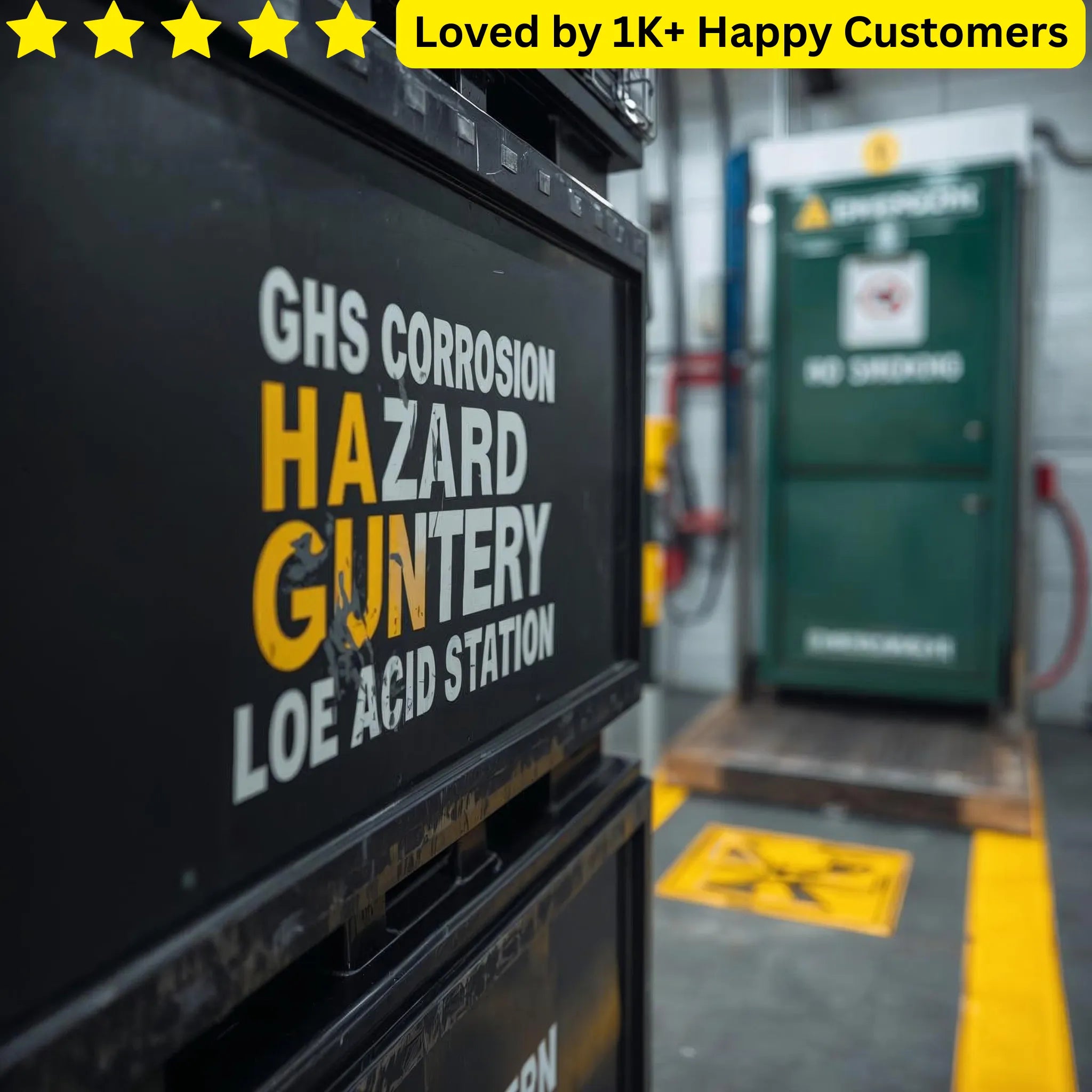 Acid station with warning labels in a industrial setting. Is your battery labels branding peeling off before the first charge is even finished?