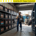 Man in a warehouse carrying a toolbox with text 'Loved by 1K+ Happy Customers' at the top. Is your battery labels branding peeling off before the first charge is even finished?
