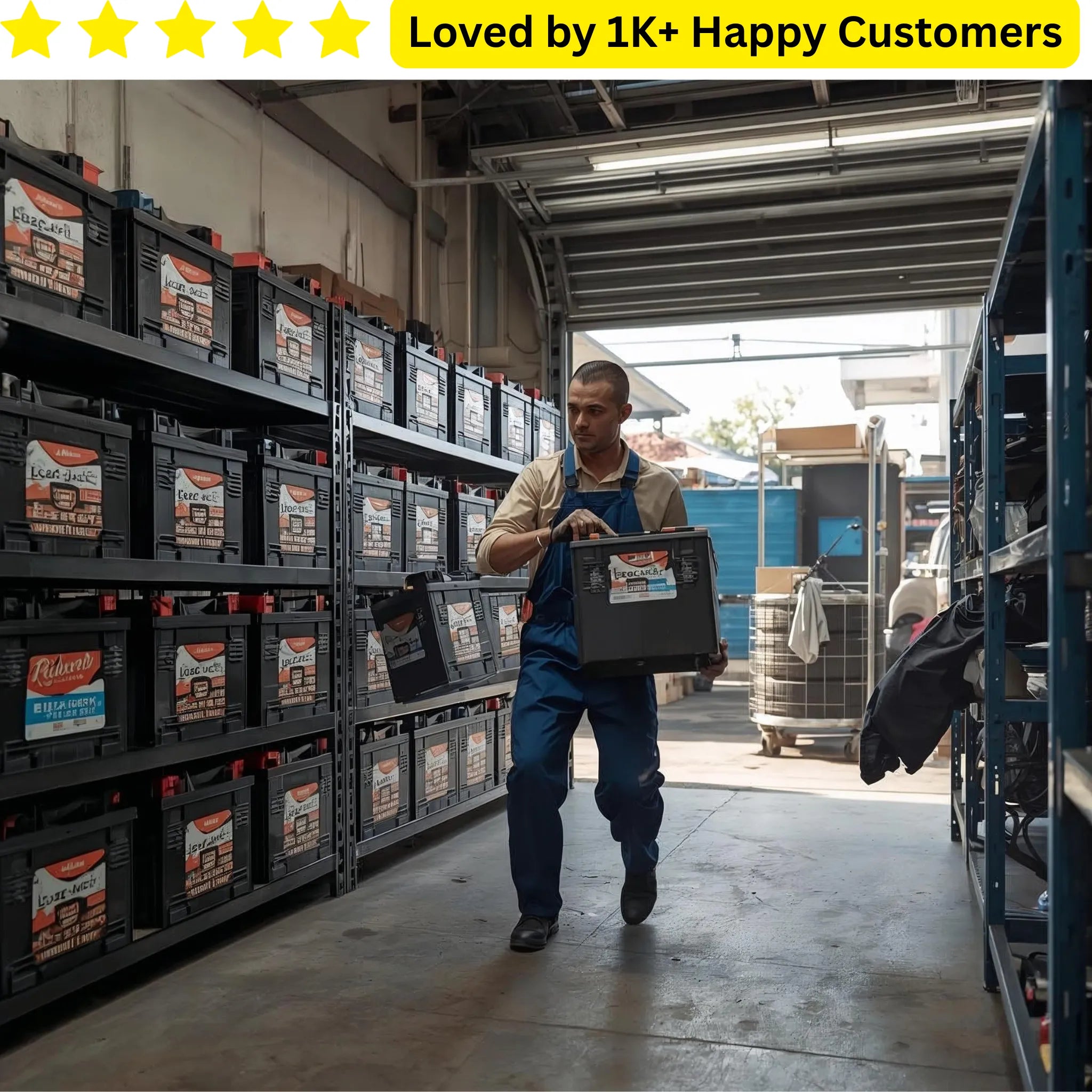 Man in a warehouse carrying a toolbox with text 'Loved by 1K+ Happy Customers' at the top. Is your battery labels branding peeling off before the first charge is even finished?