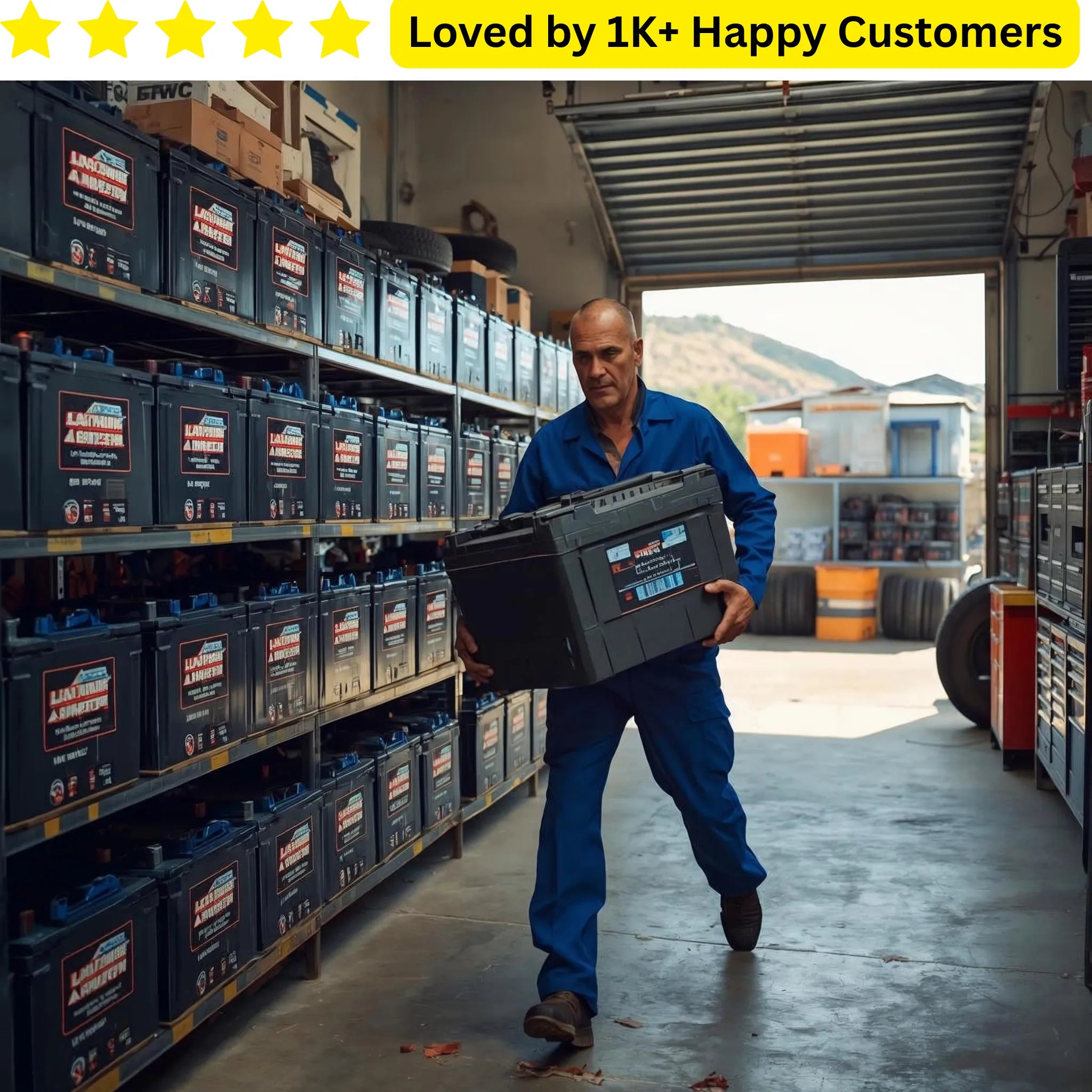 Man holding a battery in a warehouse with shelves of batteries and a mountain view. Is your battery labels branding peeling off before the first charge is even finished?