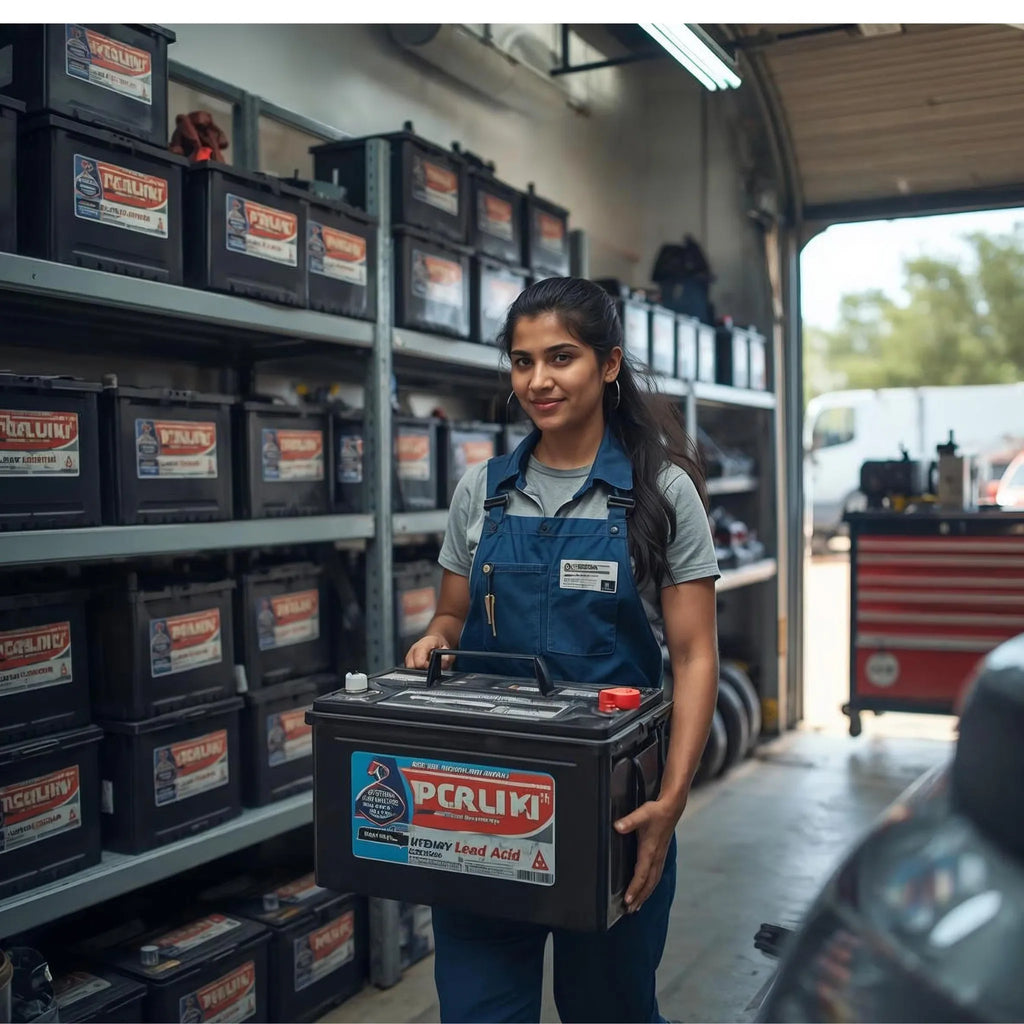 Person holding a PCReli battery in a garage setting with shelves of batteries. Is your battery labels branding peeling off before the first charge is even finished? Expert Printing Labels Cape Town | Get Pro Designs Now