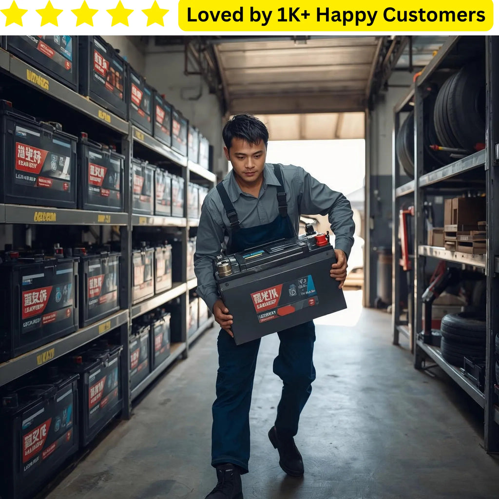 Man holding a battery in a warehouse with shelves of batteries and a 5-star rating text above. Is your battery labels branding peeling off before the first charge is even finished?