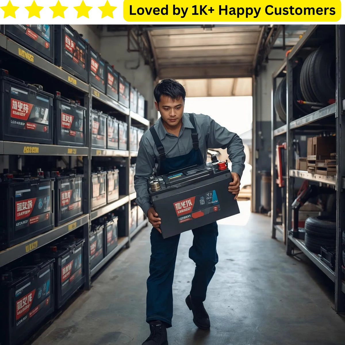Man holding a battery in a warehouse with shelves of batteries and a 5-star rating text above. Is your battery labels branding peeling off before the first charge is even finished?