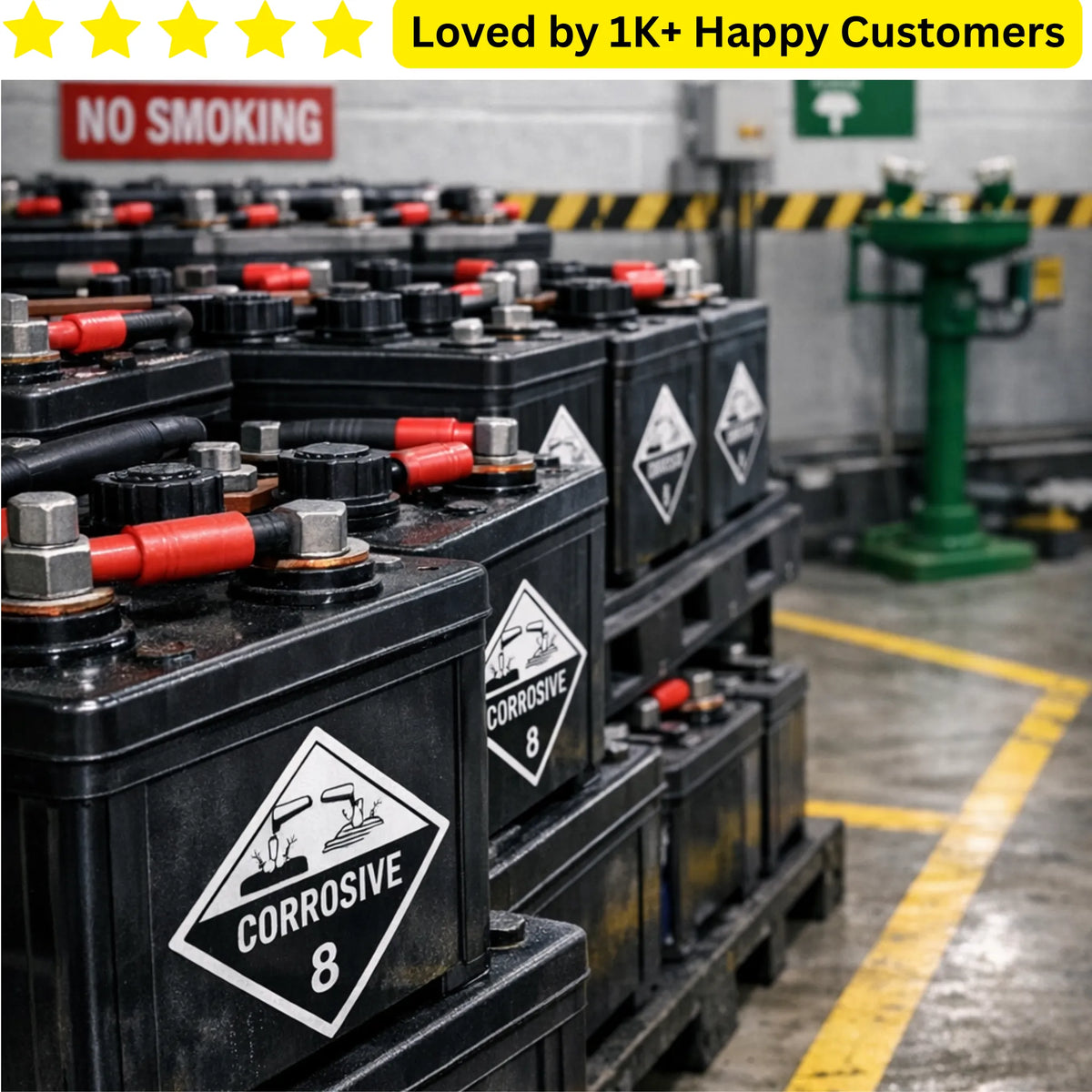 Stack of batteries with corrosive warning labels in a warehouse setting. Is your battery labels branding peeling off before the first charge is even finished?