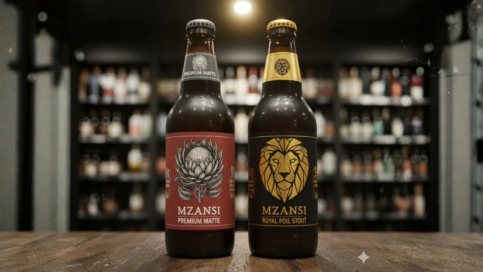 Two bottles of Mzansi beer on a bar counter with a blurred bar background.