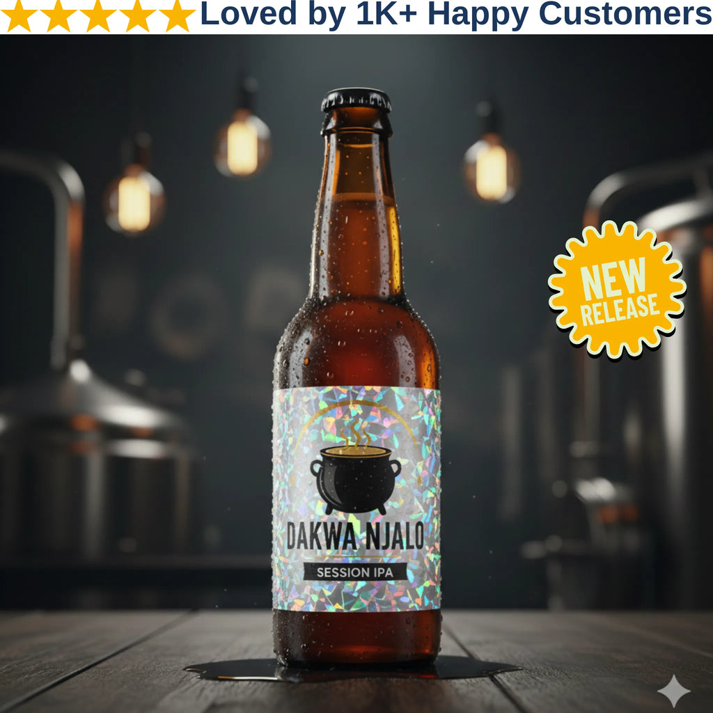 Brown beer bottle with 'Dakwa Njalo' label on a wooden surface, with a dark background and 'New Release' badge.