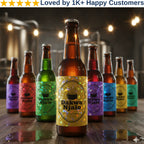 Bottles of Dakwa Njalo beer with colorful labels on a wooden table.