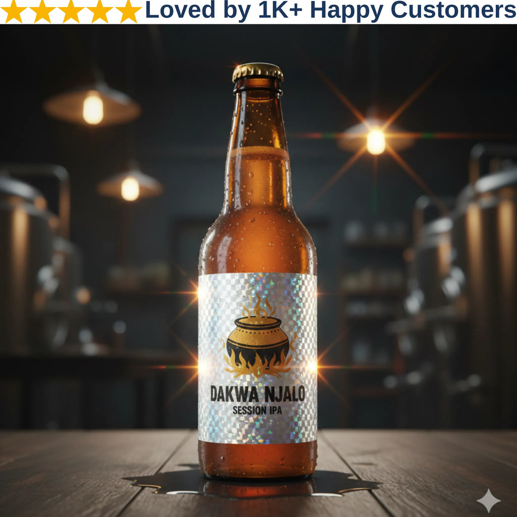 Beer bottle with 'Dakwa Njalo' label on a wooden surface with blurred background