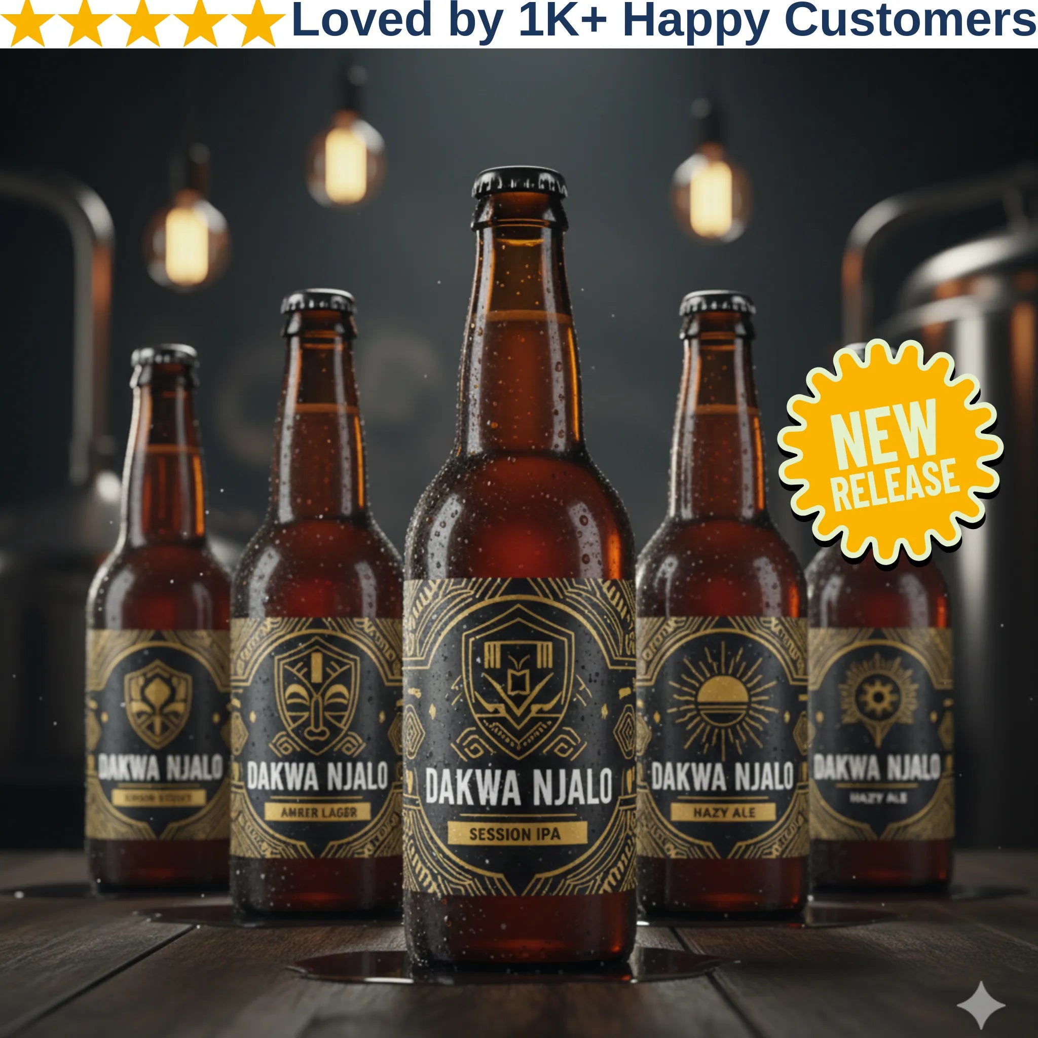 Five bottles of Dakwa Njalo beer on a wooden surface with a dark background and 'New Release' label.