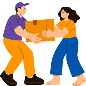 Illustration of a delivery person handing a package to a recipient on a white background