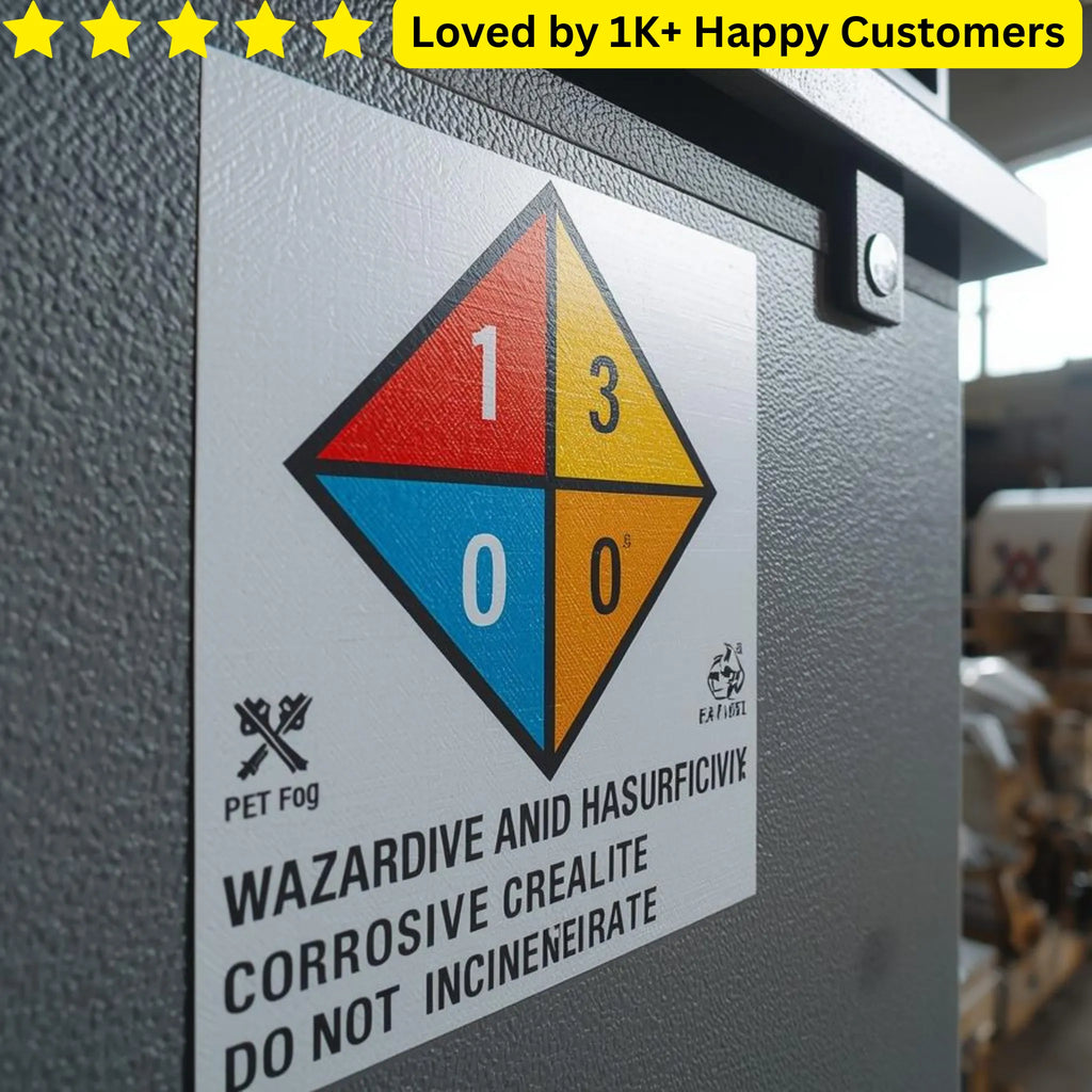 Warning label on a metallic surface with text and symbols indicating hazardous material. SANS-Compliant Battery Labels: Self-Adhesive from 1XA4🔋⚡