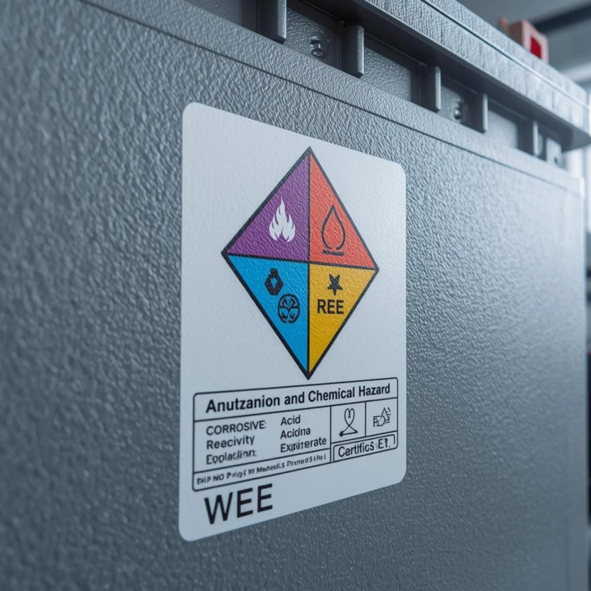 Label on a large metal container indicating chemical hazard with various symbols. SANS-Compliant Battery Labels: Self-Adhesive from 1XA4🔋⚡