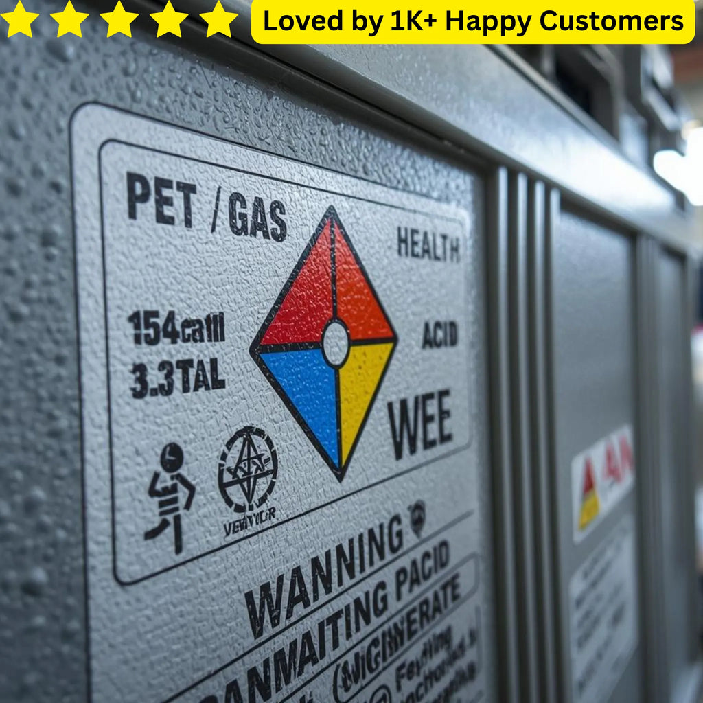 Close-up of a warning label on a metallic surface with text and symbols. SANS-Compliant Battery Labels: Self-Adhesive from 1XA4🔋⚡