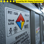 Close-up of a warning label on a metallic surface with text and symbols. SANS-Compliant Battery Labels: Self-Adhesive from 1XA4🔋⚡
