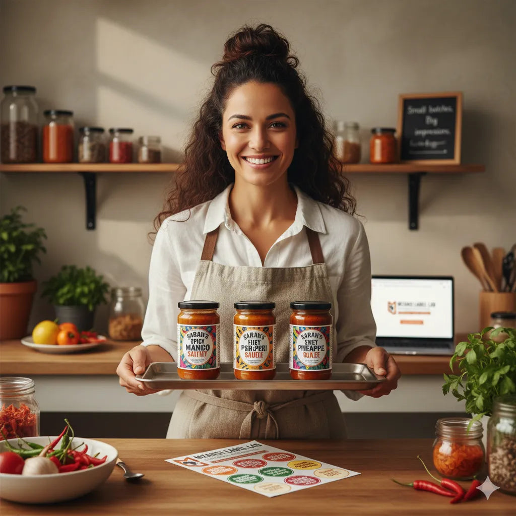 Woman holding a tray of jars in a kitchen setting. Product Labels for Small Business | Pro Custom Branding