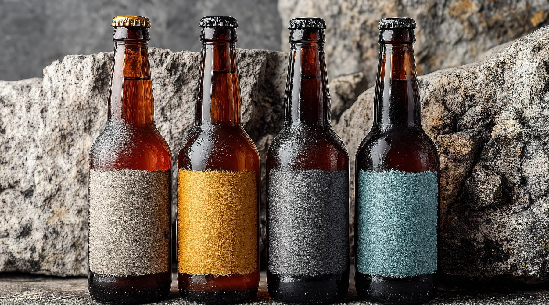 Four brown bottles with varying label colors against a stone wall background