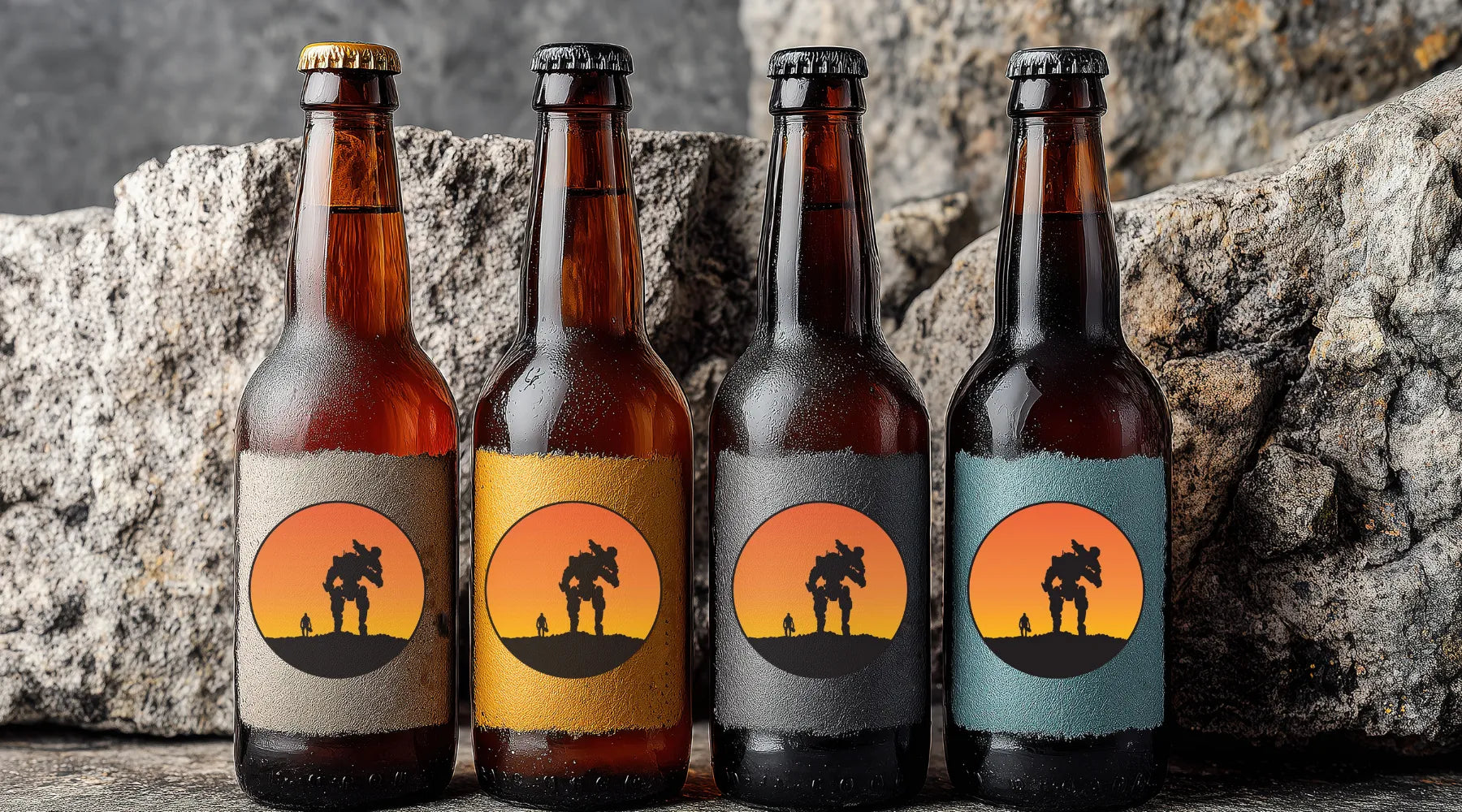 Four beer bottles with sunset labels against a stone wall background