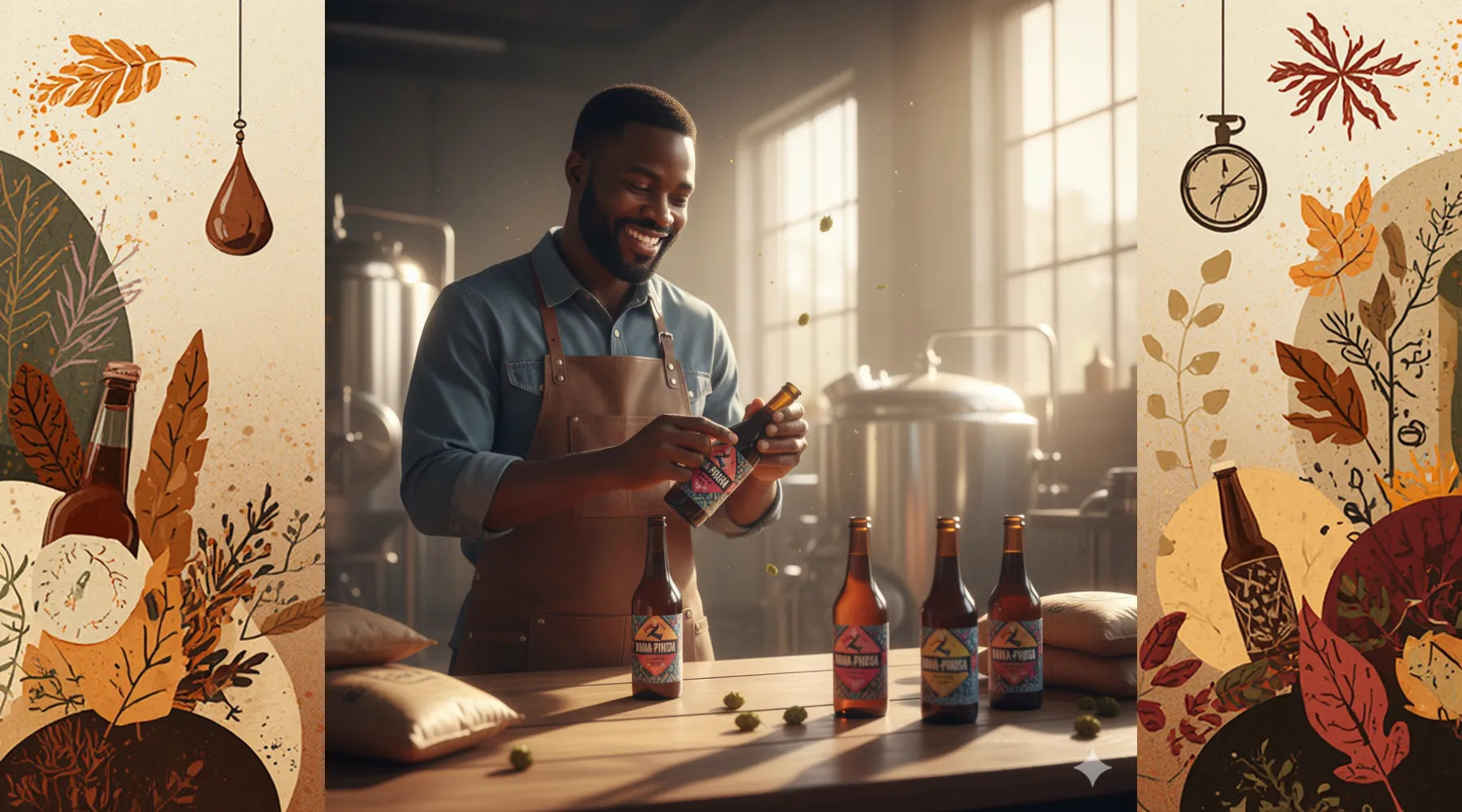 Collage of a man in an apron with beer bottles and decorative elements.