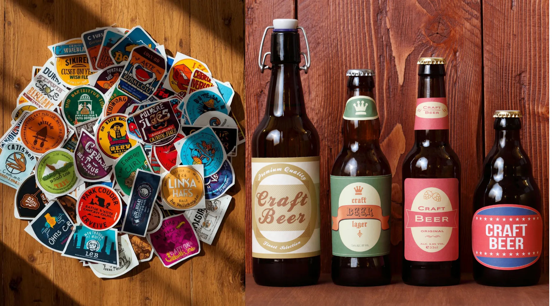 Collection of craft beer bottles with labels on a wooden surface, surrounded by various beer coasters.