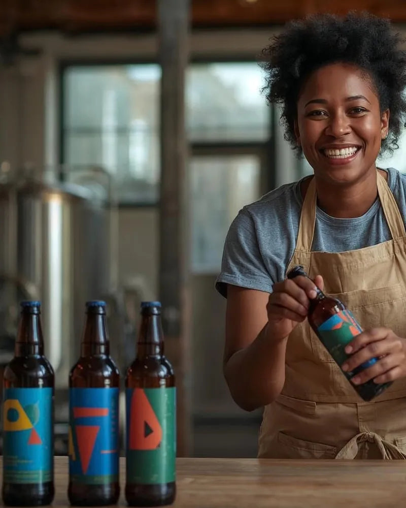 Person holding a bottle with beer bottles labeled 'PAID' in the background