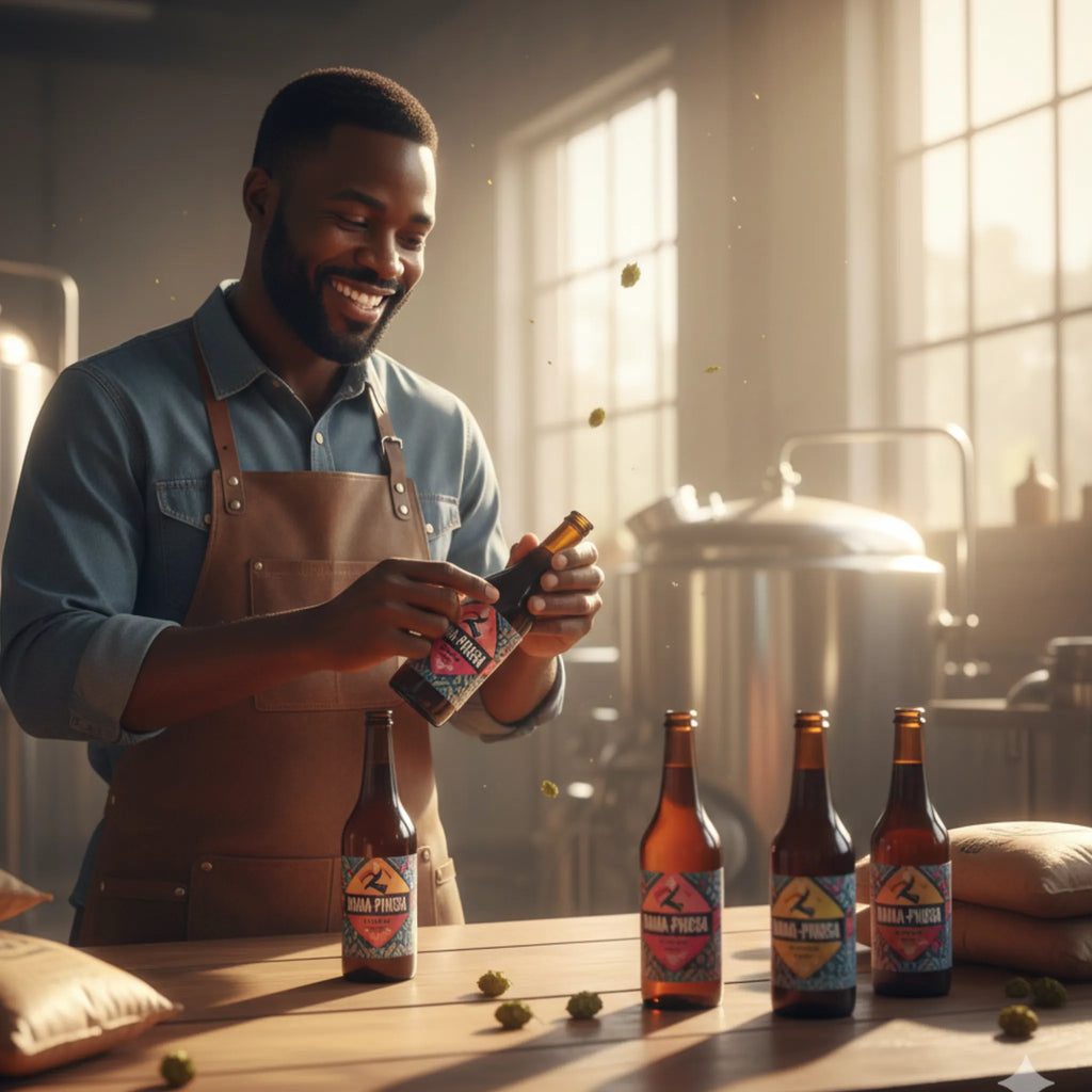Man in an apron packaging beer bottles in a home brewery setting using Mzansi Label Lab waterproof labels