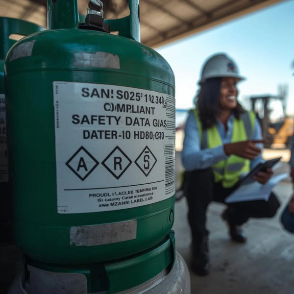 Green safety data gas canister with a person in a hard hat and high-visibility vest in the background. Product Labels for Small Business | Pro Custom Branding