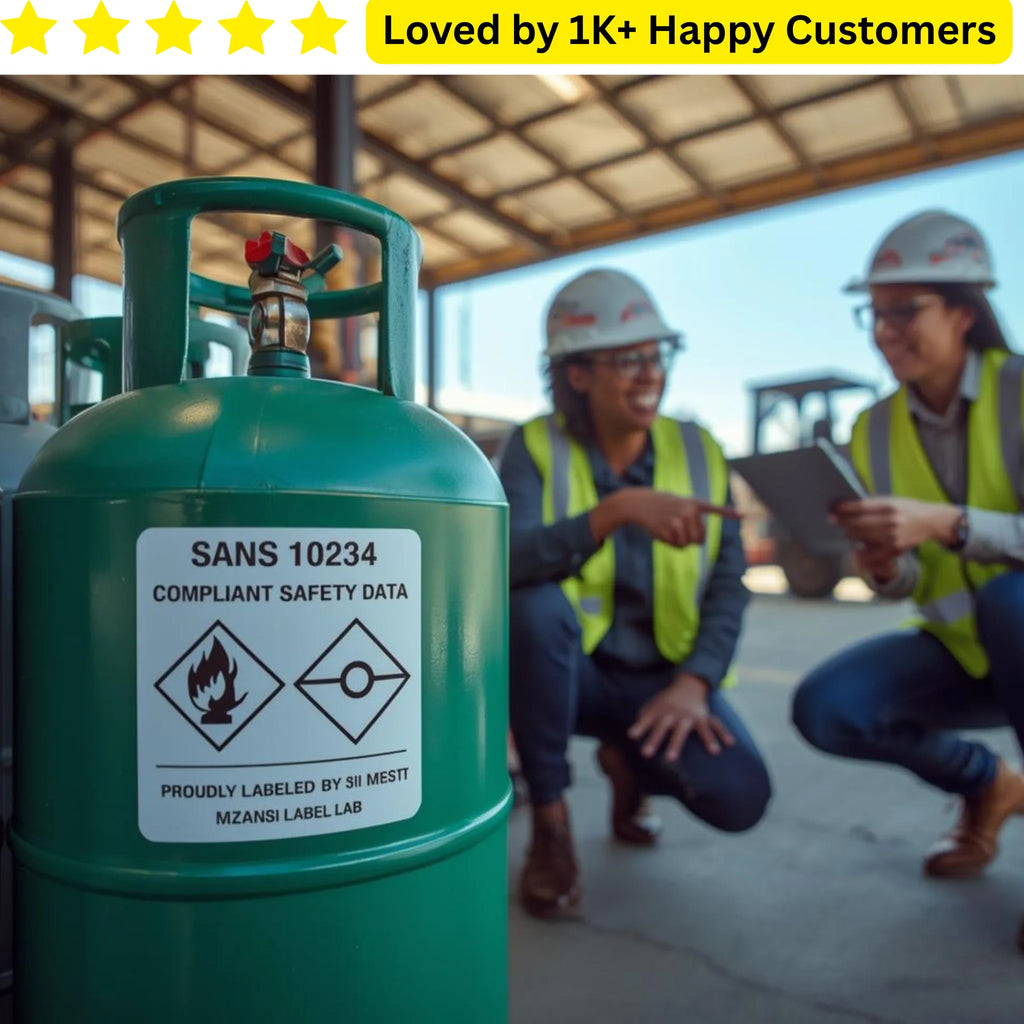 Green gas cylinder with safety label in front of two workers in a construction setting. Bakkie-Proof™ Industrial Gas &  Cylinder Labels 🏷️🔥