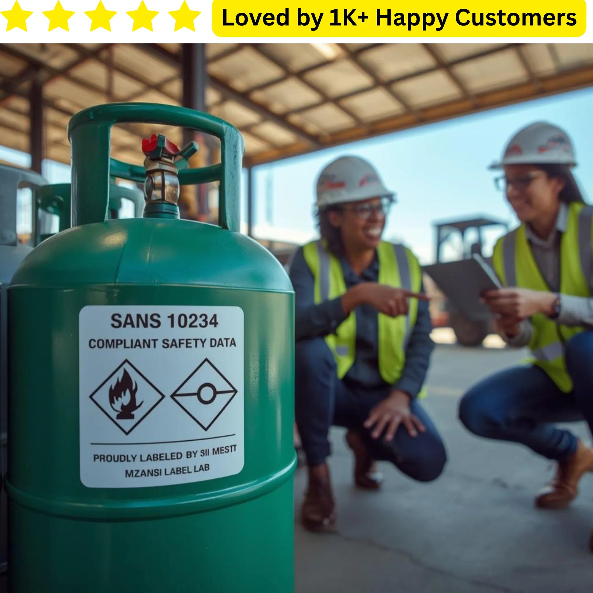 Green gas cylinder with safety label in front of two workers in a construction setting. Bakkie-Proof™ Industrial Gas &  Cylinder Labels 🏷️🔥