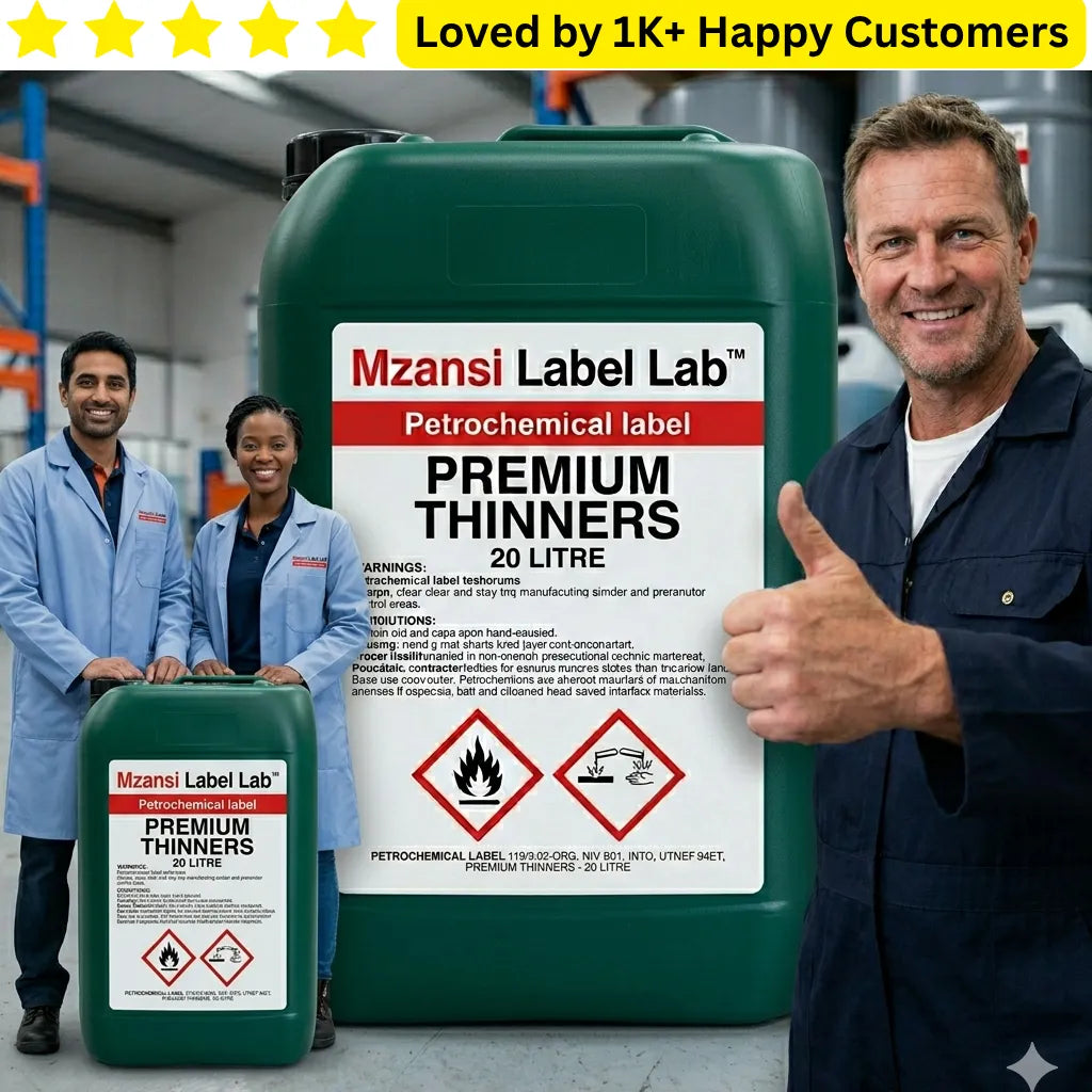 Mzansi Label Lab Premium Thinners containers with workers in a warehouse setting. Premium Transparent Labels South Africa: Industrial Quality from One A4 Sheet

Elevate your brand with the "no-label look" using our professional Transparent Labels South Africa.