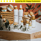 Cosmetic products with 'miyoko' branding on a wooden surface with leaves.