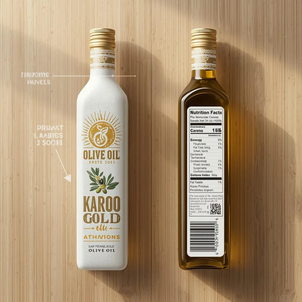 Two bottles of Karoo Gold olive oil on a wooden surface with labels and branding details. Premium Transparent Labels South Africa: Industrial Quality from One A4 Sheet

Elevate your brand with the "no-label look" using our professional Transparent Labels South Africa.