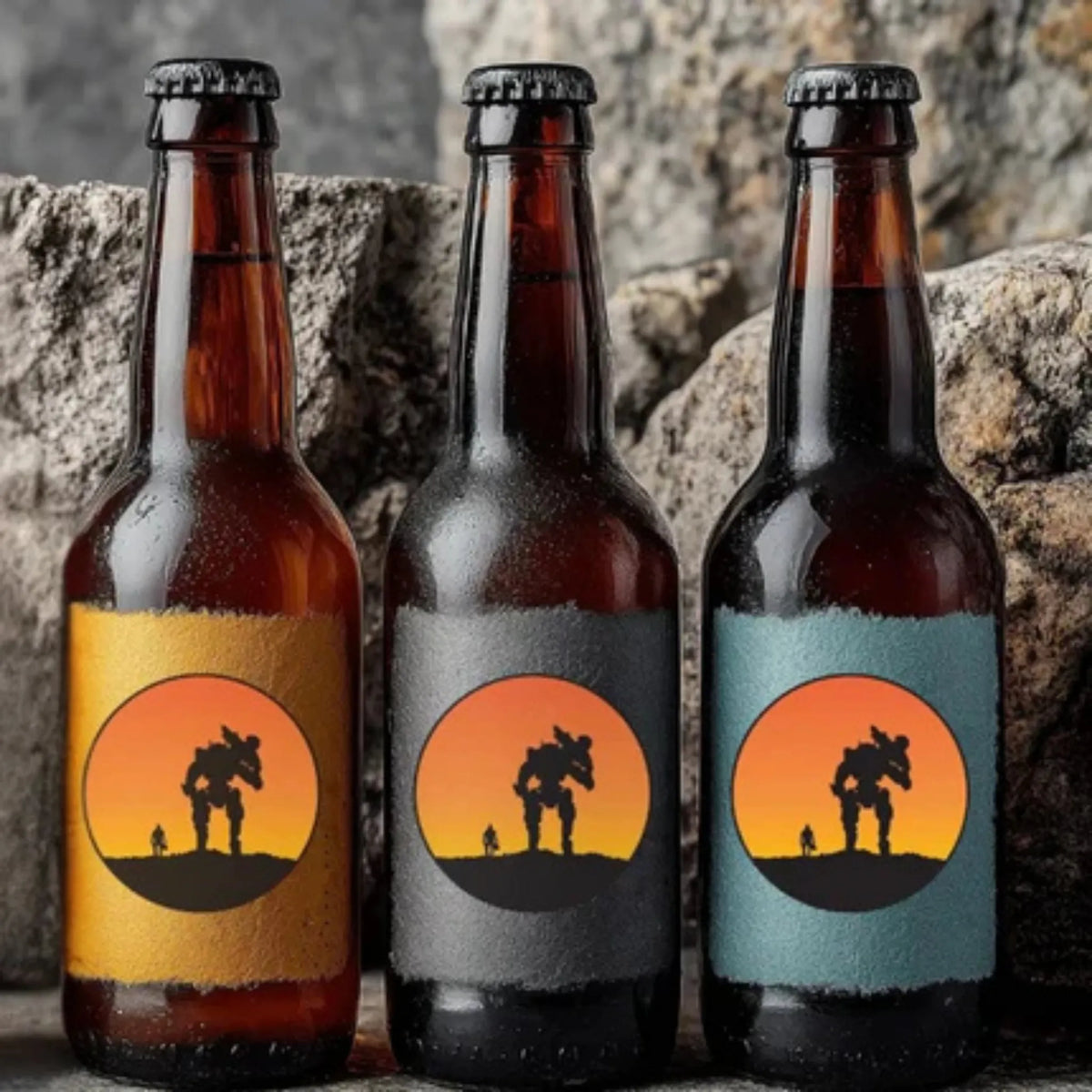 Three beer bottles with sunset labels on a stone surface. Two bottles of Mzansi beer with distinct labels on a bar shelf background. Two bottles of PHUZA NONG IPA on a wooden surface with a blurred background of lights.