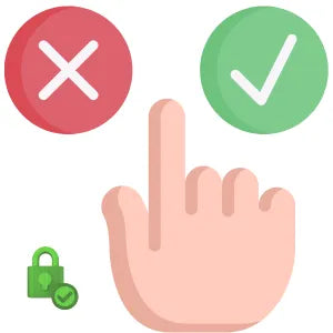 Hand pointing to a green check mark with a red cross and green lock icon on a white background