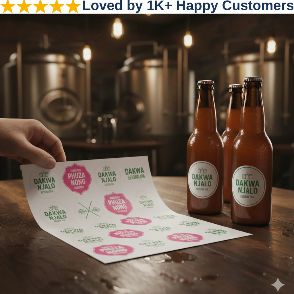 Three bottles of 'Dakwa Njalo' beer on a wooden table with a hand holding a branded paper in a brewery setting.
