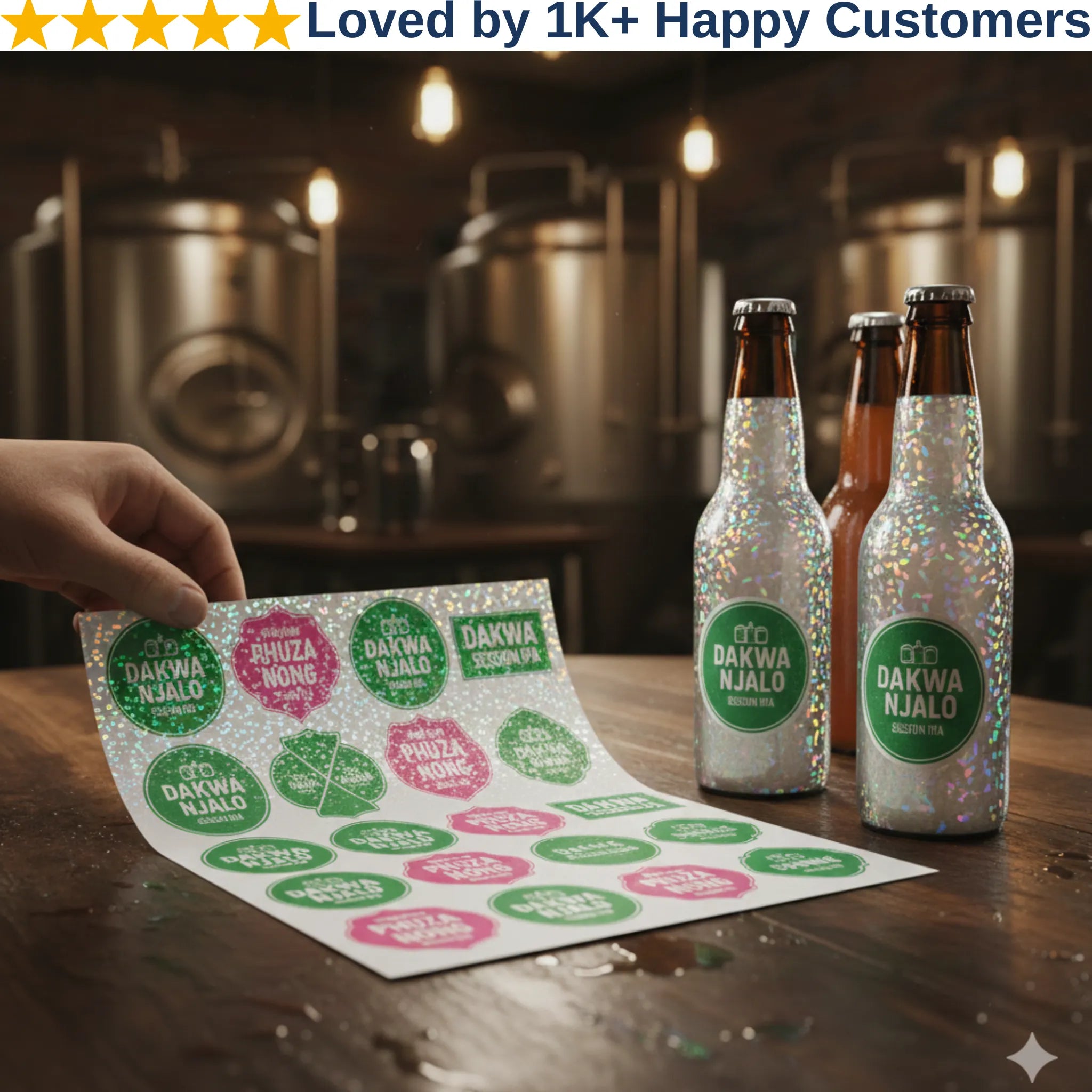 Beverage bottles with decorative labels on a wooden surface, with a brewery in the background.