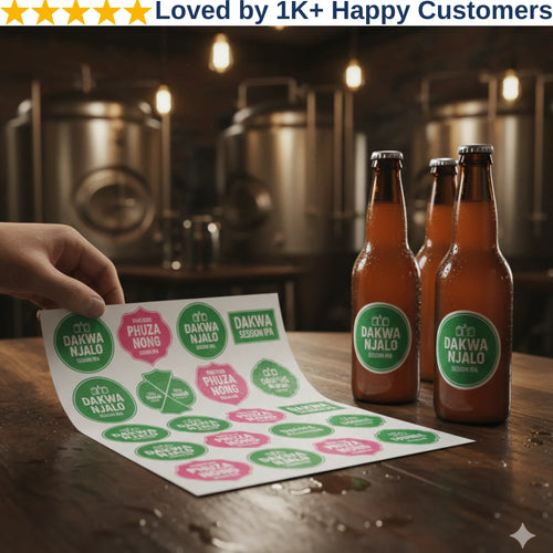 Three bottles of beer with green labels on a wooden table, surrounded by more labels, in a brewery setting.