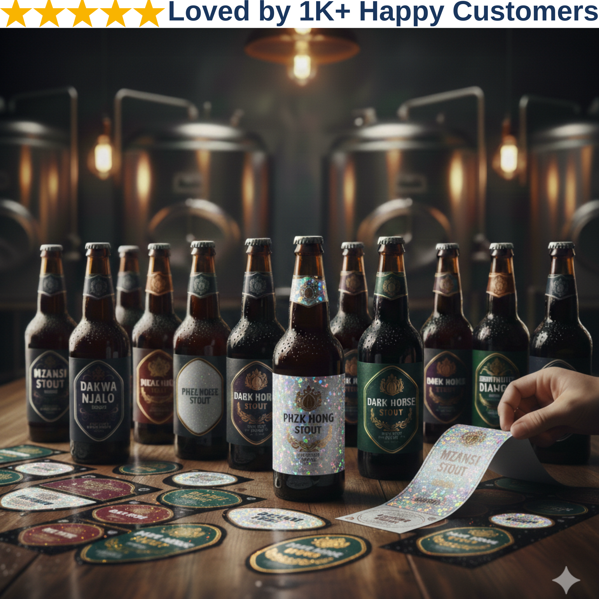 Assorted beer bottles on a bar with a hand holding a menu, surrounded by beer coasters.