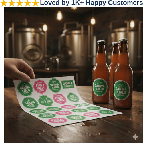 Three bottles of beer with green labels on a wooden table, with a hand holding a sheet of additional labels in the foreground.