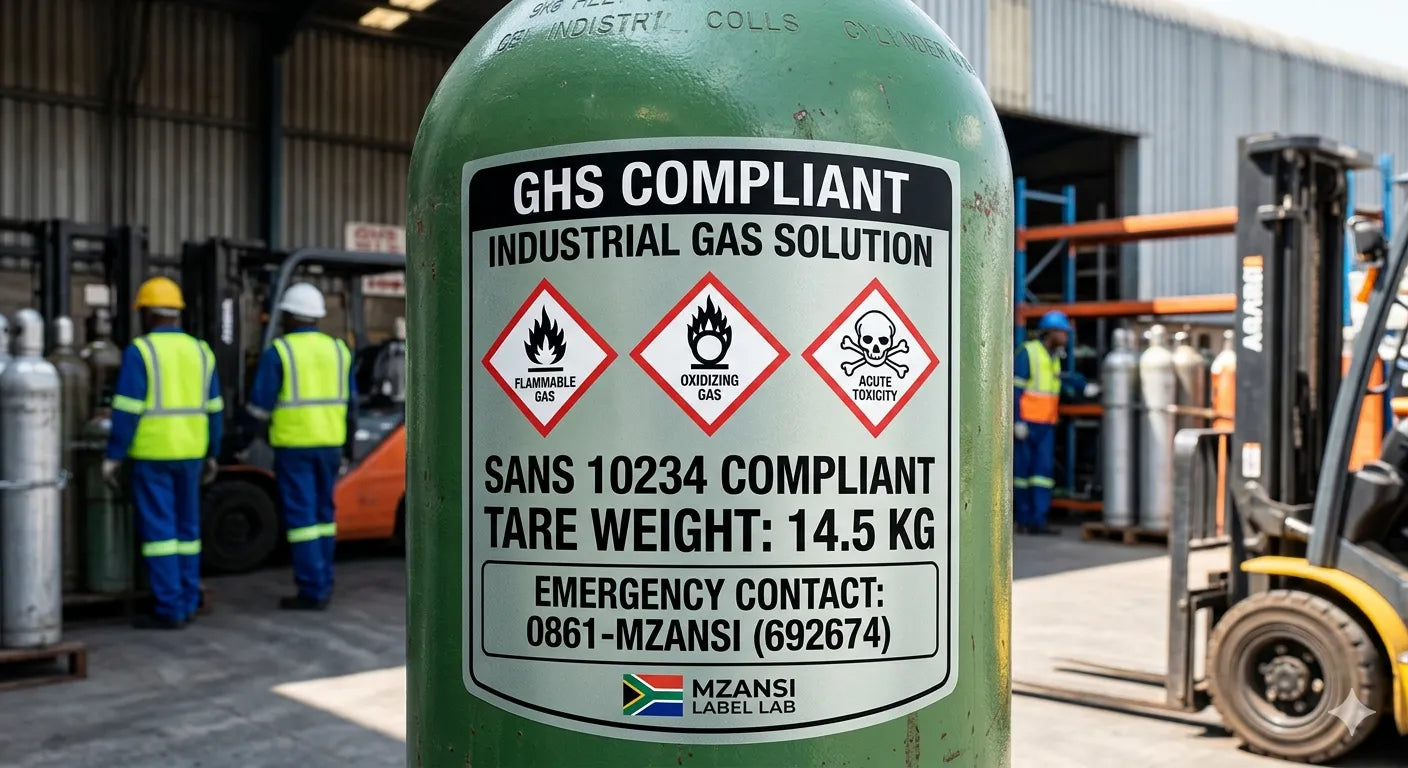 Green industrial gas container with GHS compliant label in a warehouse setting.