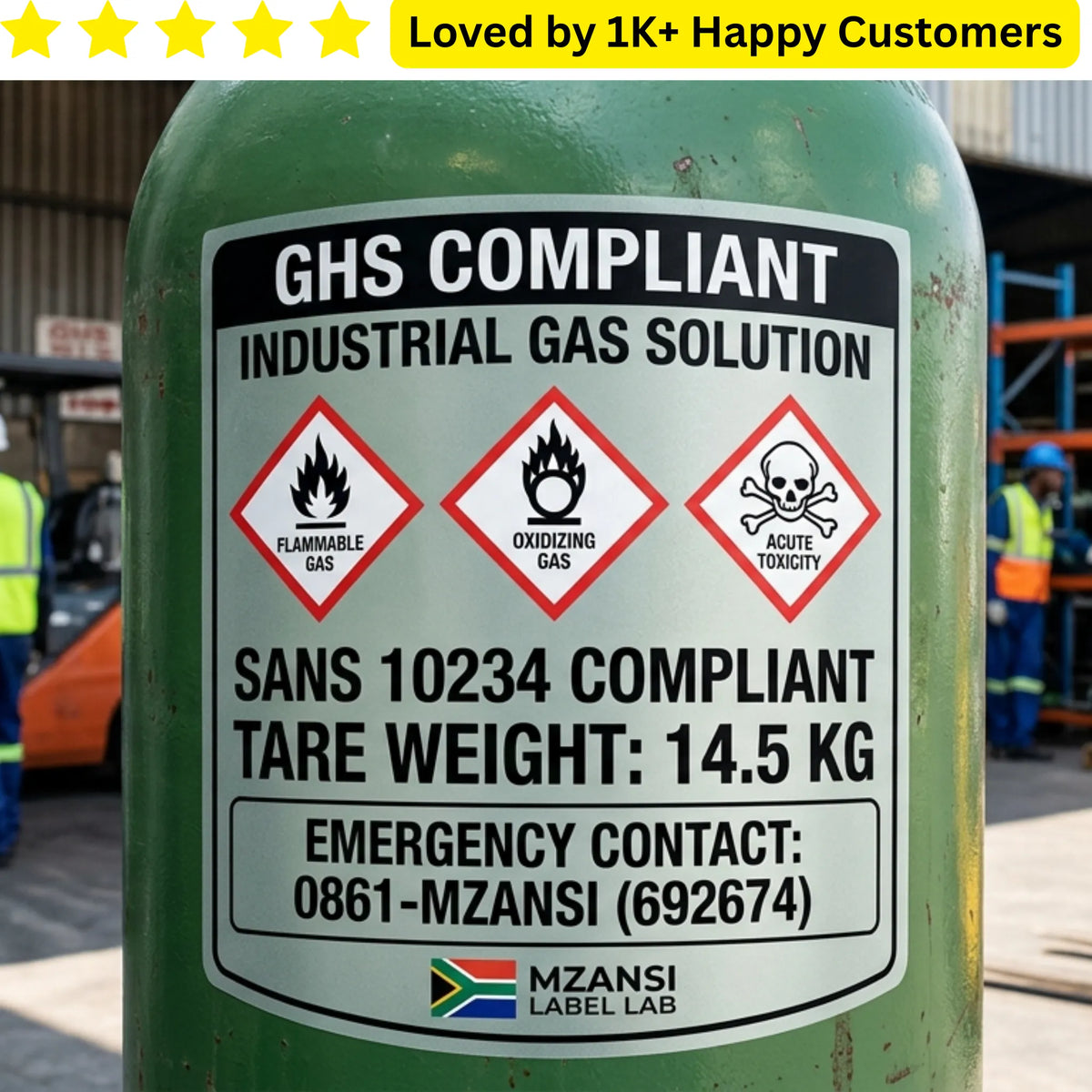 Green industrial gas solution cylinder with GHS compliant label and workers in the background.