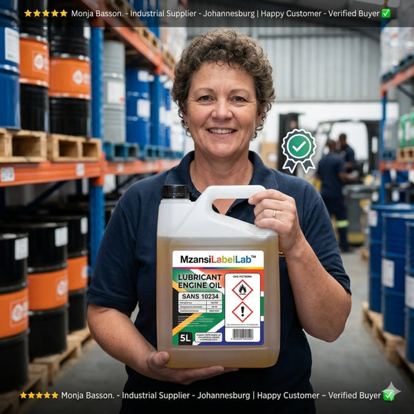 Person holding a container of lubricant engine oil in a warehouse setting. Expert Printing Labels Cape Town | Get Pro Designs Now