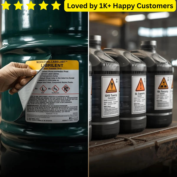 Two images showing a large green container with a label and multiple smaller containers with warning labels.