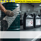 Person wearing gloves with a plastic bag, MzansiLabelLab oil containers, and text 'Loved by 1K+ Happy Customers'. Lubricant Oil Labelling Near Me | SANS 10234 Compliant